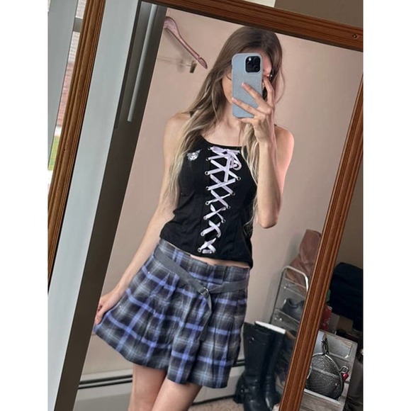Vintage Y2K American Eagle Outffiters Plaid Black Gray Purple Mini Skirt - Picture 2 of 6